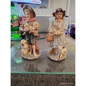 Vintage Boy & Girl Figurine Set w/ Dogs & Cat – Cottage Style – Damage Noted